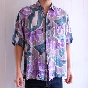Vintage floral linen-like short sleeve shirt mens